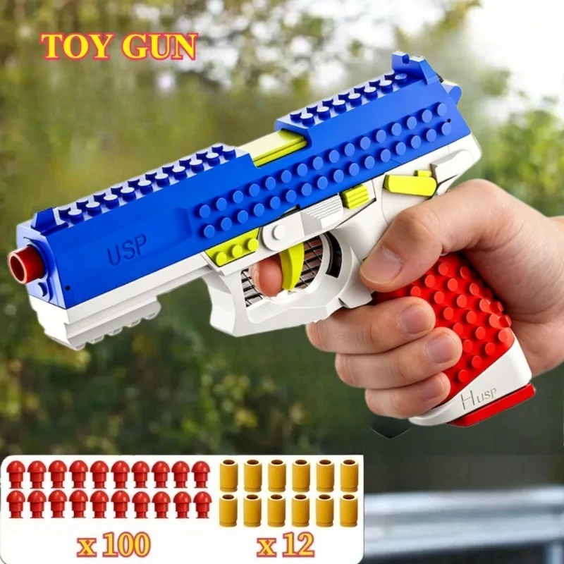 Creative USP Building Block Toy Pistol DIY Buildable Shell Eject Soft Bullet Toy Multi Shot Educational Bricks Model