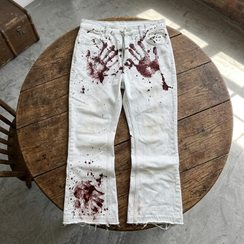 

Джинсы-клеш Y2K в стиле гранж с эффектом брызг краски, женские, белые, с высокой талией, винтажные, в стиле Харадзюку, уличная мода, рваные, расклешенные джинсовые брюки