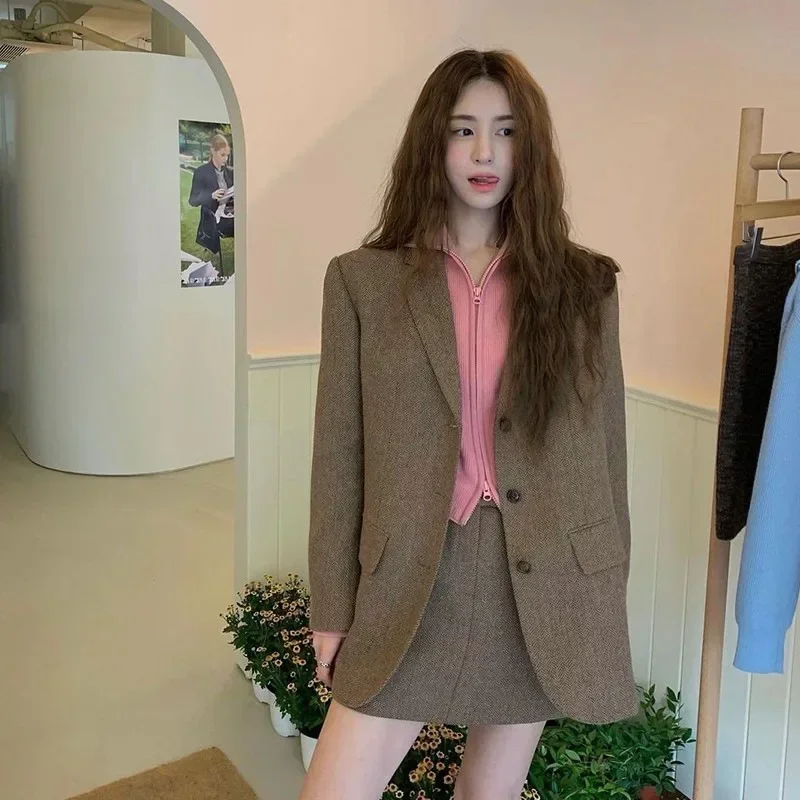 GR0V*2024 Women's Autumn Casual Jackets WoolTweed SuitSkirt Combination Retro Coat Korean Y2k Clothing Women's 2 Pcs Set