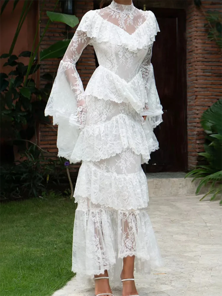 

Новое вечернее платье с высокой талией, драпировкой, длинными рукавами, роскошное, однотонное, с кружевной вышивкой, для дня рождения, выпускного вечера