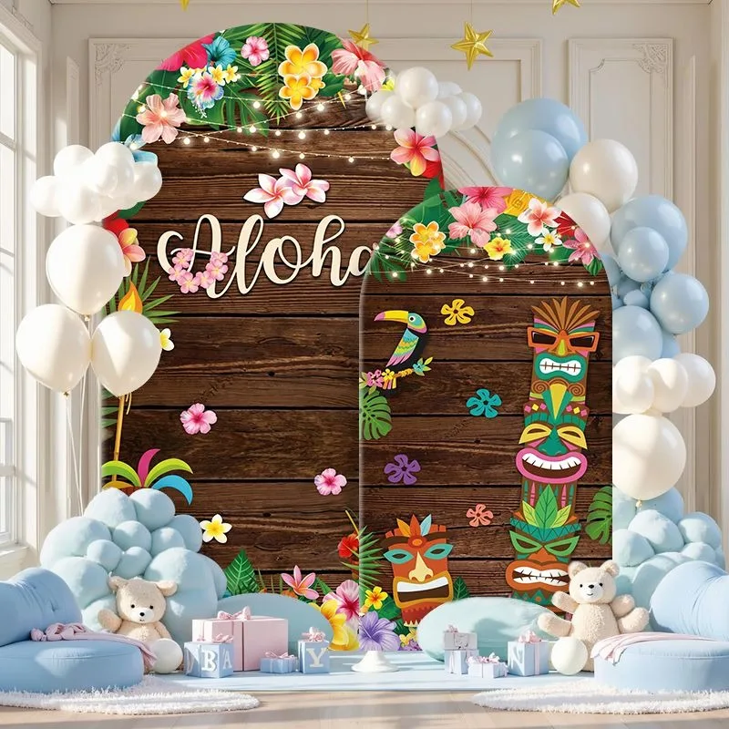 Elastic Double-layer Arch Backdrop Cover Tiki Island Tropical Party Backdrop with Aloha Wood Design Floral Garland and Colorful