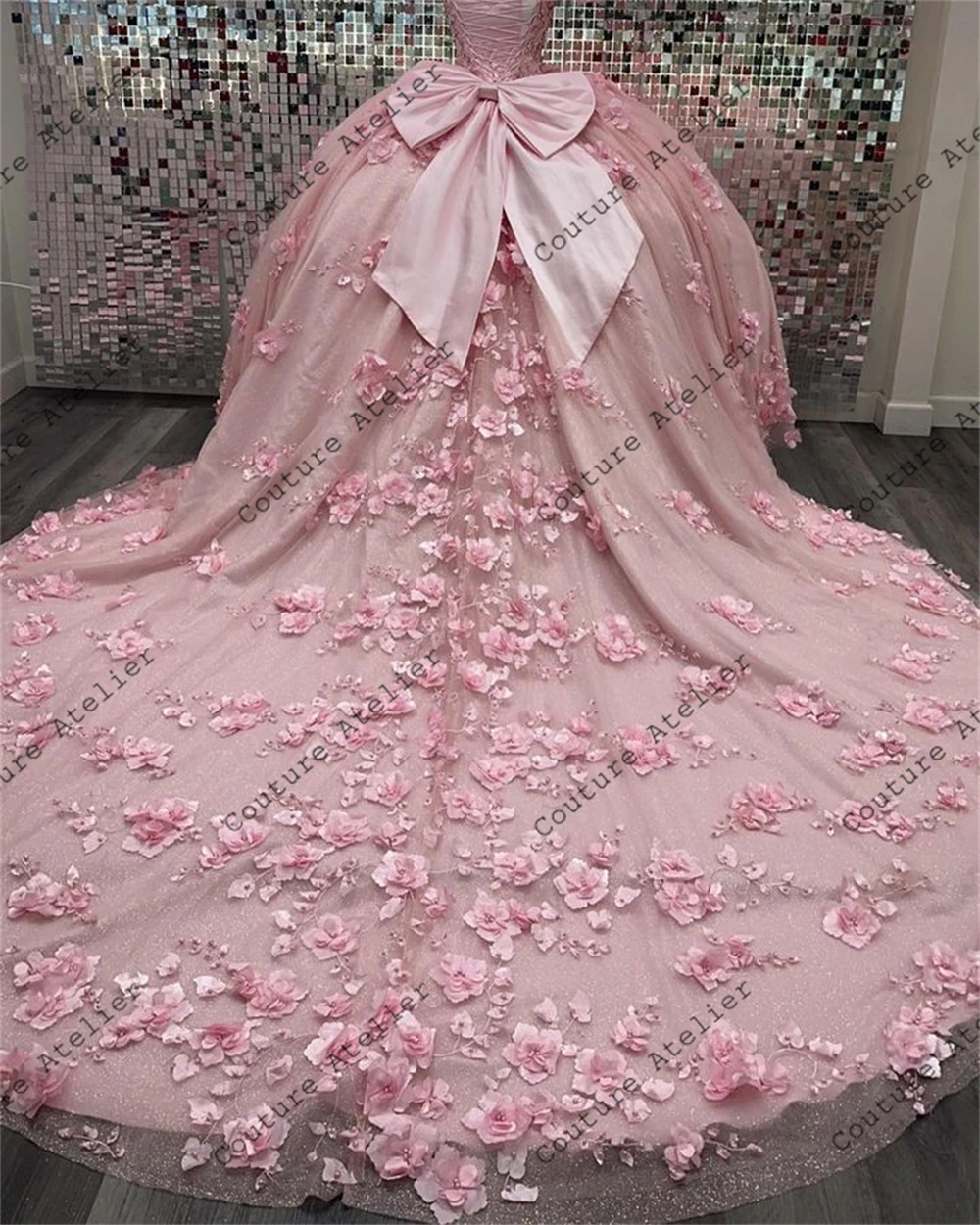 Hellrosa 3D-Blumen 15 Kleid Quinceanera 2024 mit Schleife Ballkleid Quittenkleider Prinzessin formelles Anlasskleid individuell gestaltet