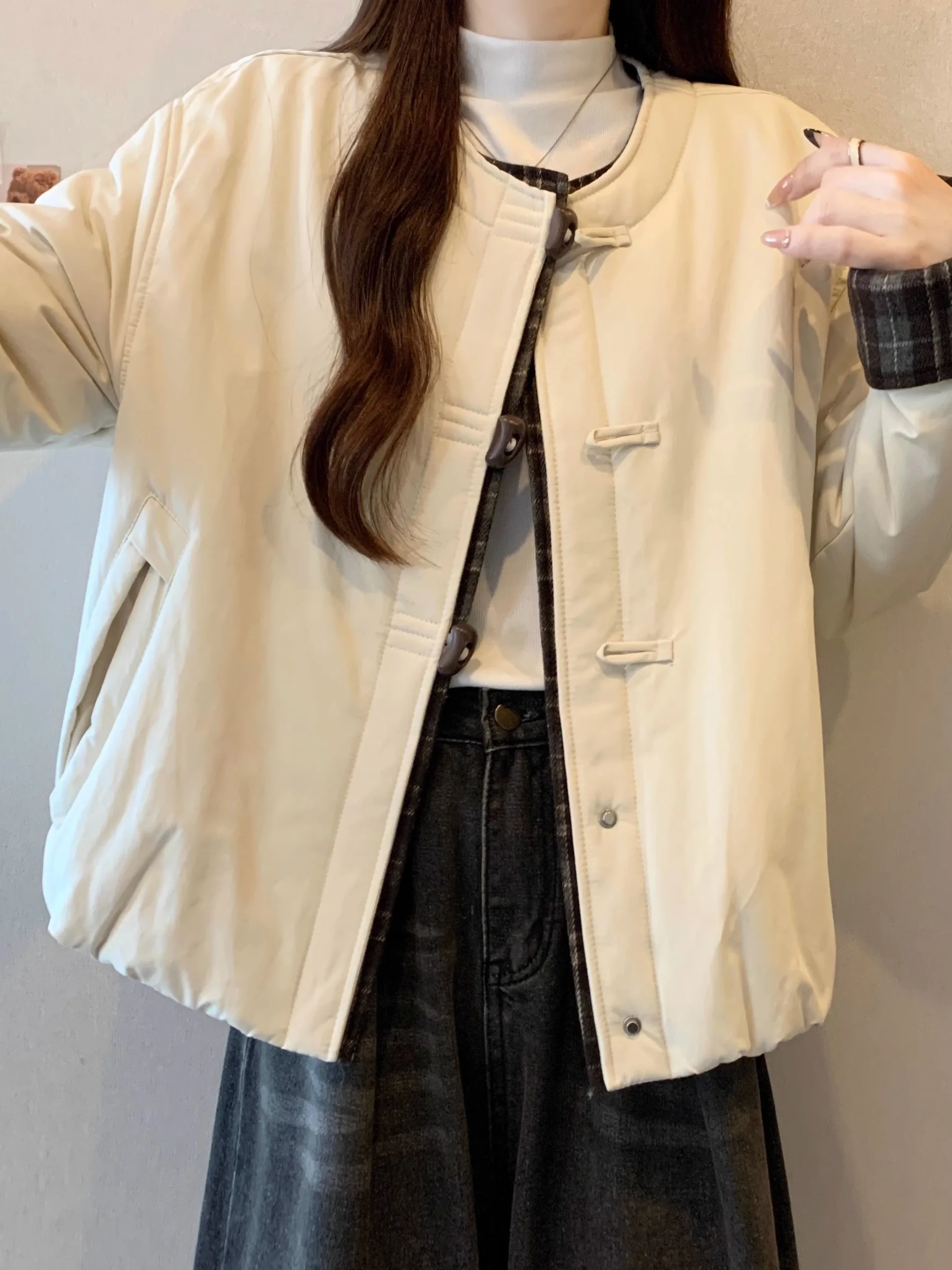 

Korean Sle Plaid Splicing Lightweight Cotton Jaet Women's oulder Length Autumn Winter ular plus Size Button down Coat