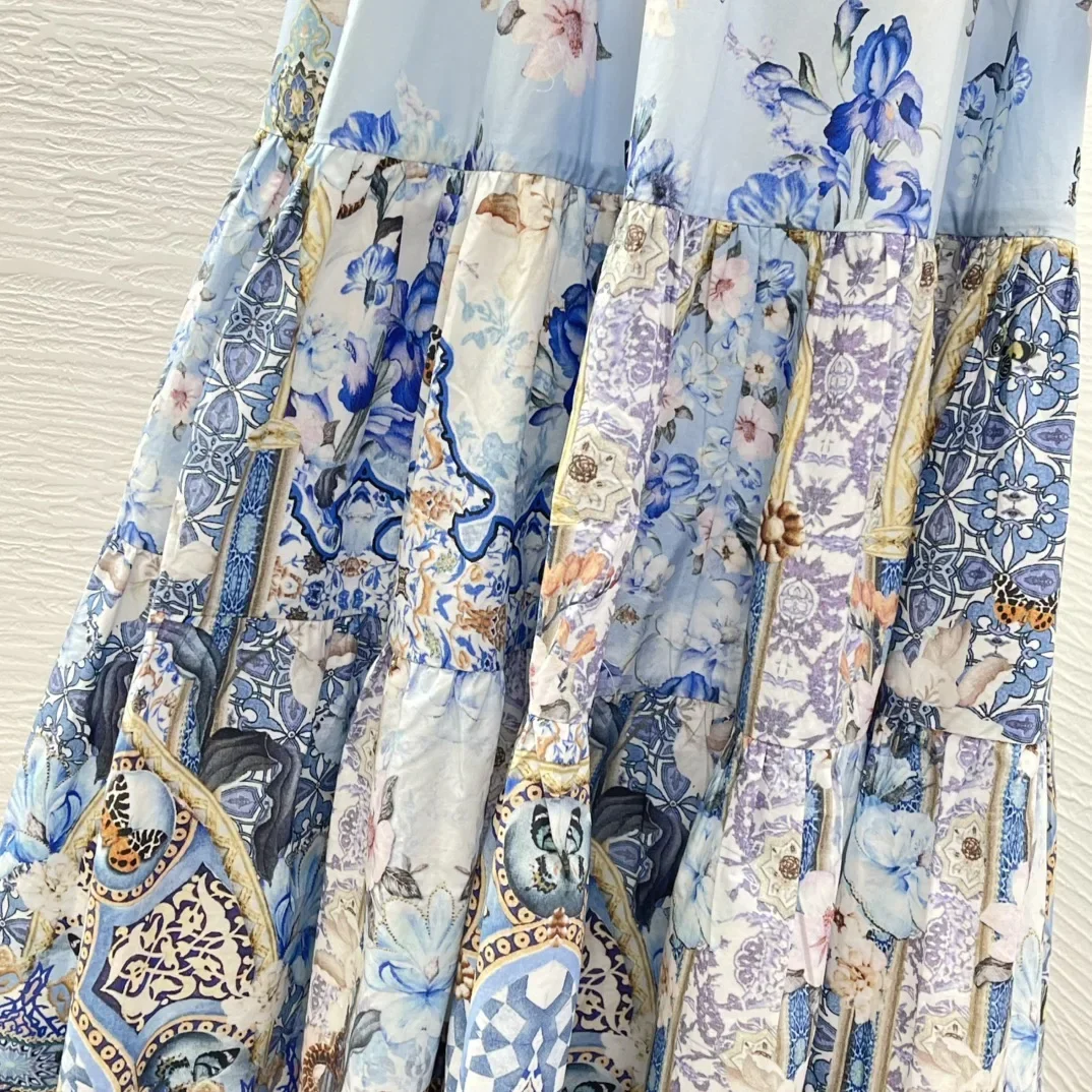 Blue Floral Print Sleeveless Ruffles Deep V Neck Cut Out Waist Back Maxi Women‘s Dress 2024 New