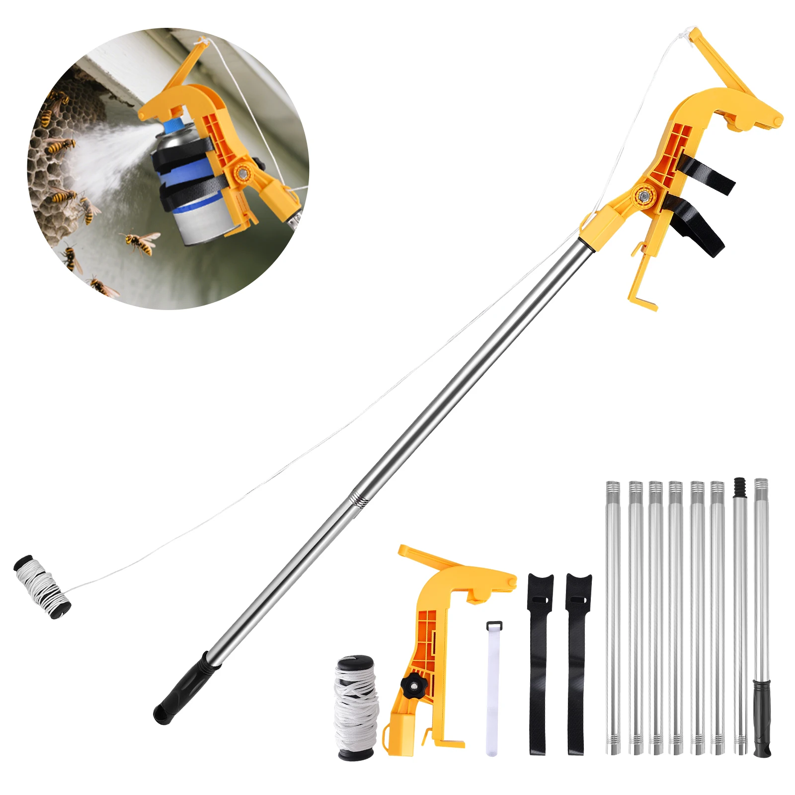 Sprühflaschen-Verlängerungsstangen-Adapter, Verstellbarer Sprühflaschenhalter mit 2,8 m Teleskopstange, Wespen-Spray, Sprühfarbe (Gelbes Set)