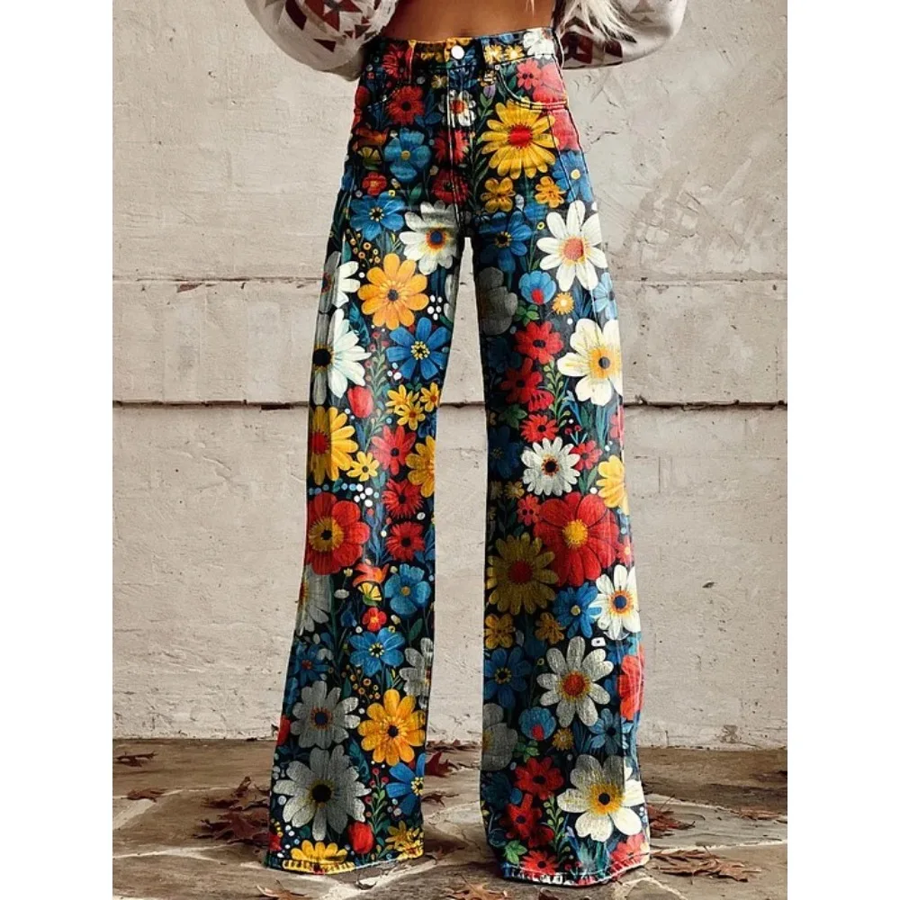 Retro Boho Floral Aztec Patchwork Printed High Waist Wide Leg Pants for Women Fashion Casual & Party Palazzo Pants Daily Wear