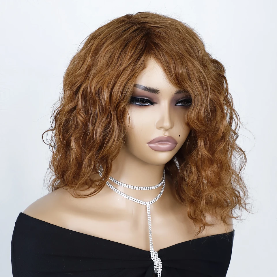 Big Fluffy Brown Mixed Blonde Glueless Bob Curly Wig With Fringe Bangs Honey Curly Bob Wigs Human Hair Side Part Water Wave Wig