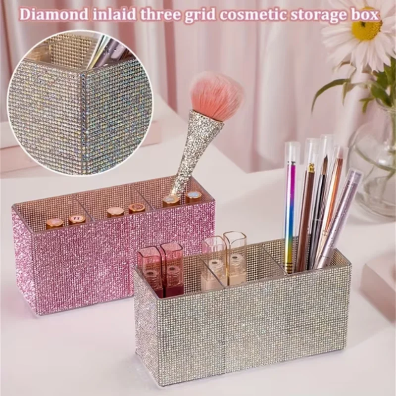 Organizador de pincel de maquiagem com strass brilhante, com 3 compartimentos, grande capacidade, pincéis de maquiagem, batom, ferramentas cosméticas, caixa de armazenamento