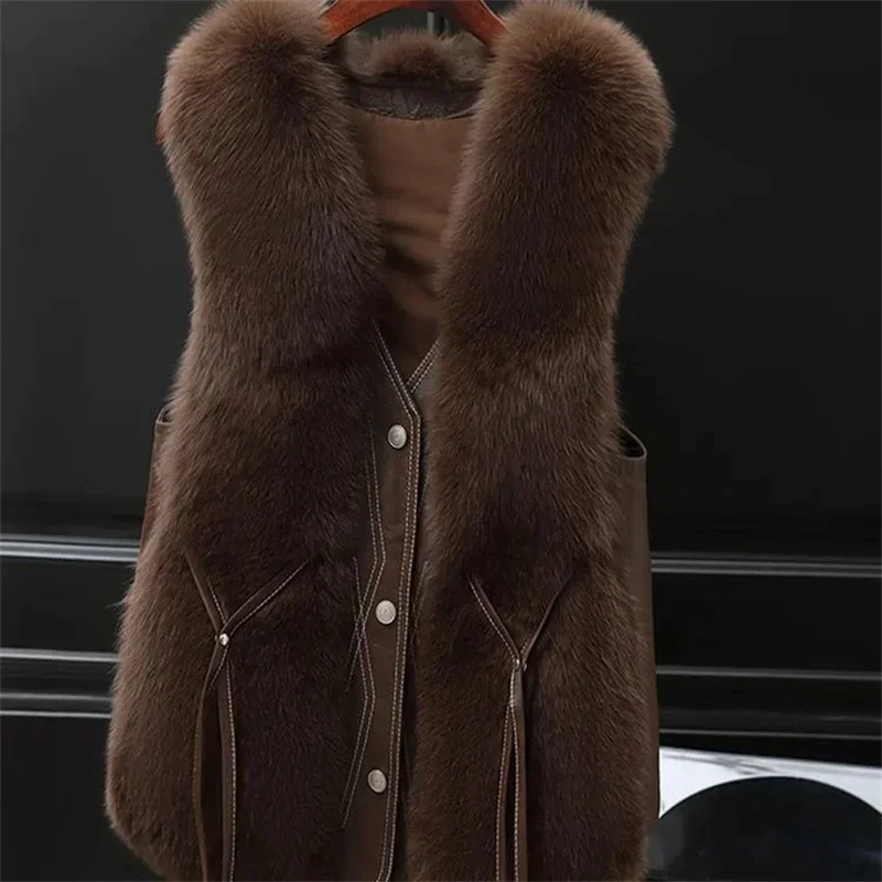 Pop High Quality Imitation Fox Fur Vest Jacket Women Fur Vest Jacket 2024 Winter Waistcoat Short Fur Vest Female Vestcoat Sleeve