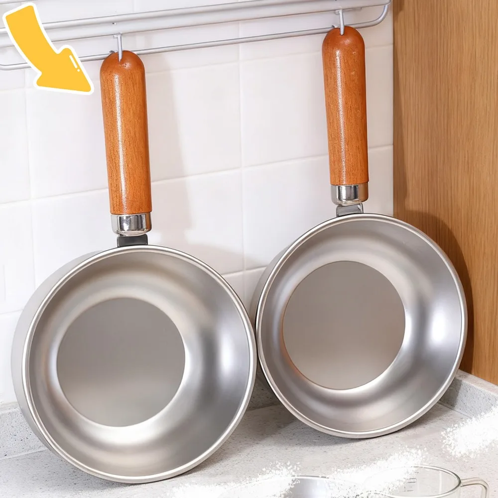 

Кухонная утварь из нержавеющей стали, миска для жарки яиц для завтрака, деревянная ручка из орехового дерева, маленький горшок, миска для фруктового салата, йогурта, хлопьев