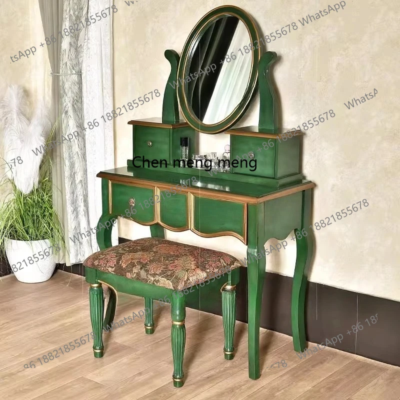 

American country solid wood dresser combination exquisite gold-painted retro green drawer storage with mirror