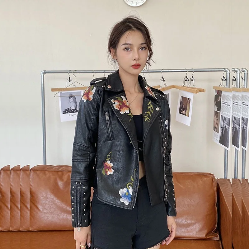 Vintage Rivet Beaded Flower Embroidery Short Faux PU Leather Jacket Autumn Lapel Long Sleeve Motorcycle Biker Jacket Streetwear