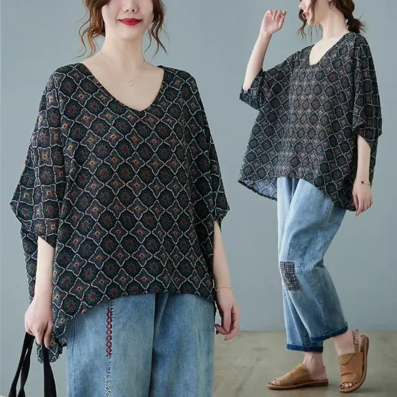 

Женский свободный летний топ с короткими рукавами и принтом в европейском и американском стиле, женская летняя тонкая футболка с v-образным вырезом, универсальный топ