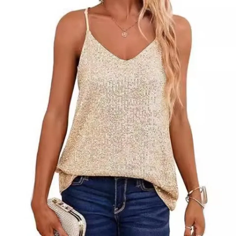 

2025 Sexy Ladies Strap Top Sleeveless Vest T-shirt Women Loose Breathable Casual Sequined Deep V-strap Top With A Hanging Feel