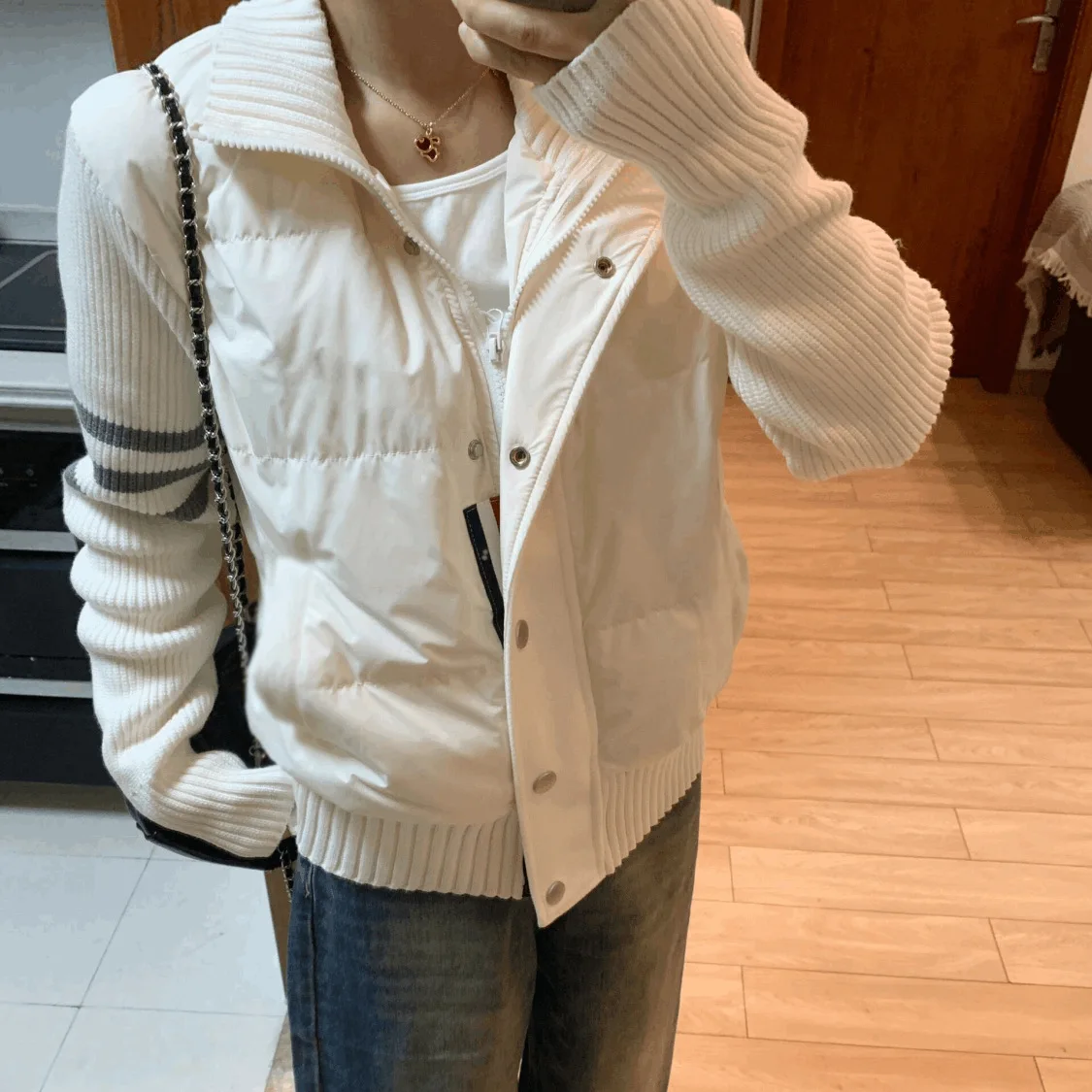 

Women's White Cotton Vest With Knit Sleeves Striped Detail Jacket Coats Cozy Casual Outfit For Fall/Winter Jacket Outerwear Tops