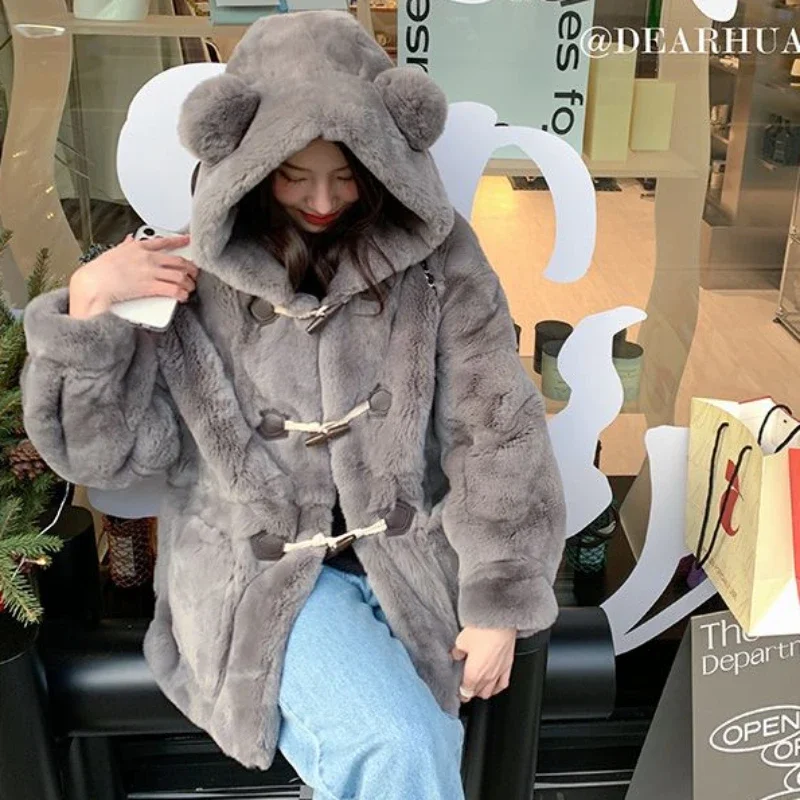 Women Faux Fur Coat Imitation Rex Rabbit Loose Hooded Outcoat Female Thicken Warm Fashion Horn Button Solid Color Winter Outwear