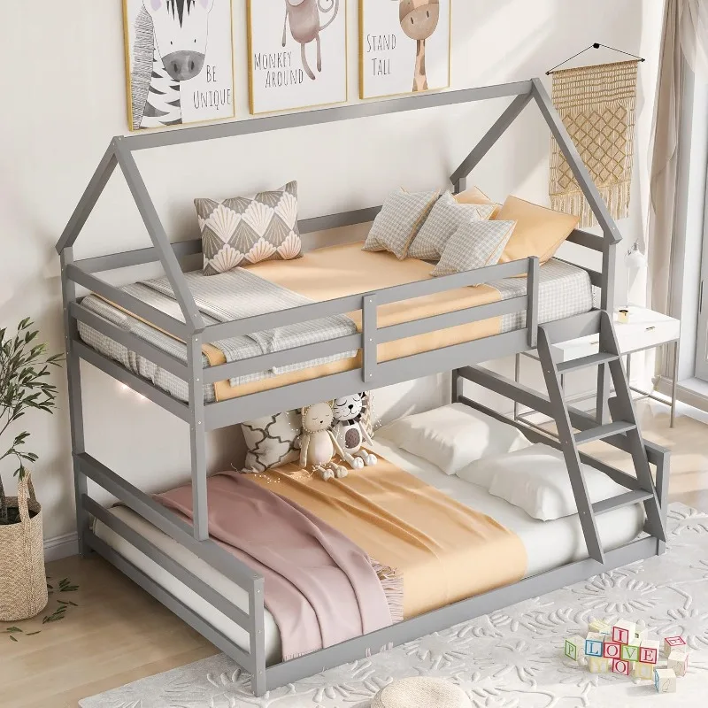 

Floor Bunk Bed with Ladder Twin Over Full,Wood Low Bunk Bed for Kids Juniors, Space-Saving,No Box Spring Needed Gray