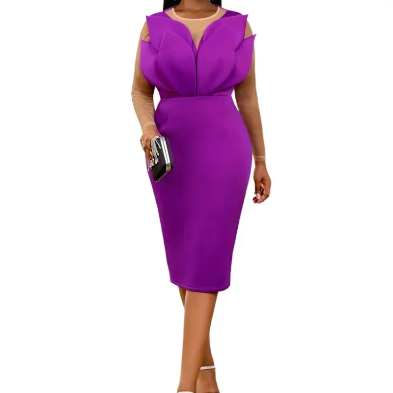 Purple Midi Party Dresses for Women O Neck Tulle Long See Through Sleeve Petals High Waist Bodycon Evening Cocktail Gowns 2024