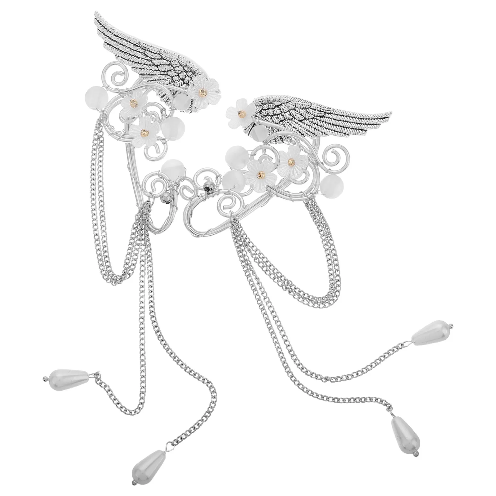1Pair Long Dangle Tassel Ear Cuffs Clip on Flower Wing Filigree Elf Earrings Non Piercing Fantasy Jewelry for Women Cosplay