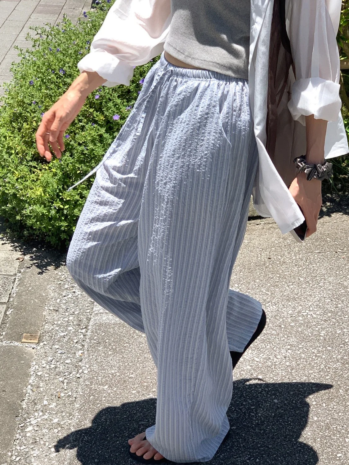 

Korean Style Loose Lazy Slimming Casual Pants Women's Drawstring Floor-Length Stripe Trousers Fashionable And Stylish