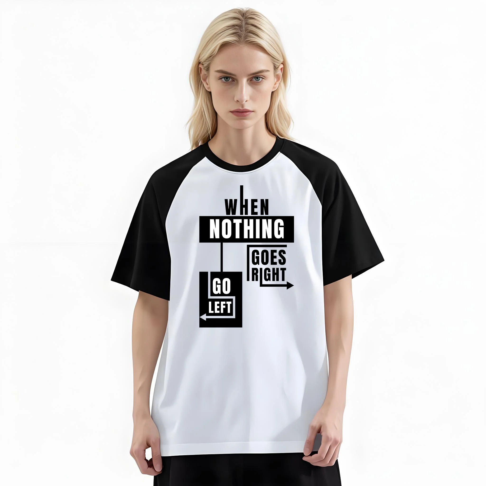 Women'S Fashion Raglan Sleeve T-Shirt, Black White Geometric Arrow When Nothing Goes Right Go Left Motivational Printed, Summer Casual Comfortable Tee, Women'S Everyday Short-Sleeve Top