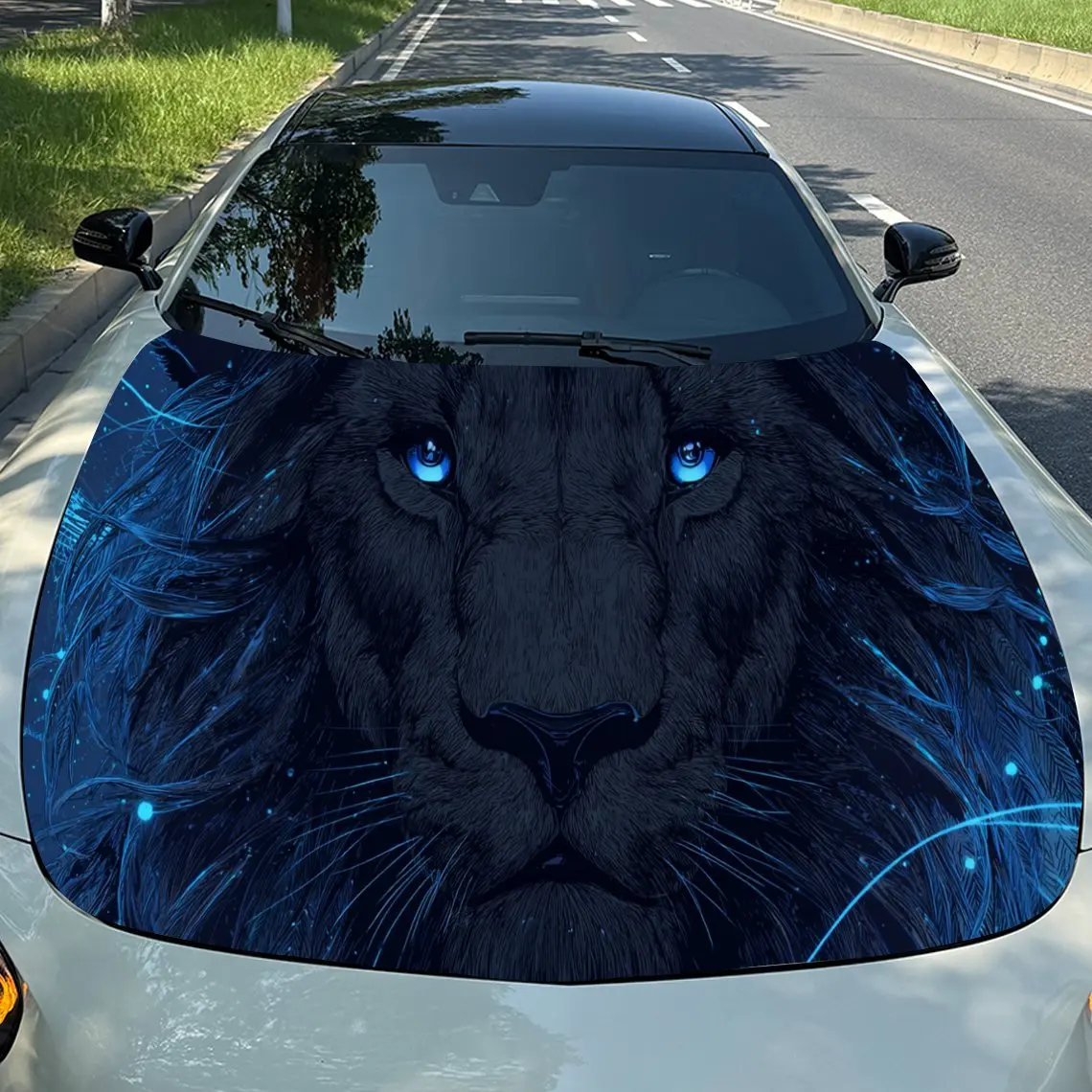 

Mighty Blue Eyes Lightning Black Lion PVC Car Engine Hood Vinyl Wraps, Self-Adhesive Waterproof Car Hood Decal Sticker, Car Deco