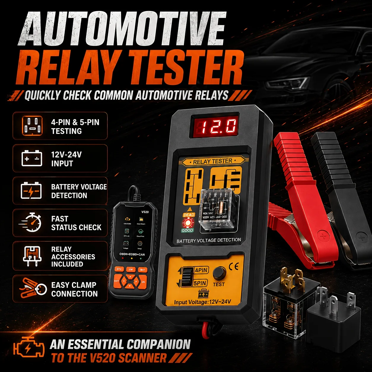 Car engine fault code reader, capable of reading and clearing DTC codes, viewing live data streams, and testing battery voltage,