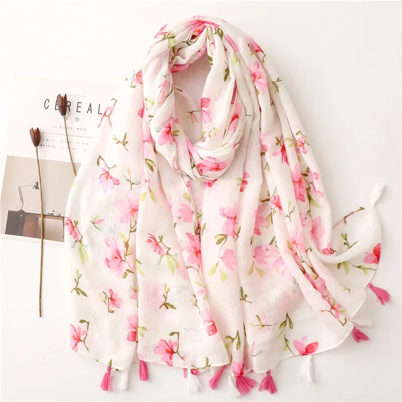 2022 New Blossom Flower Print Tassel Scarf Shawls Long Women Floral Pattern Soft Hijab Wrap Free Shipping