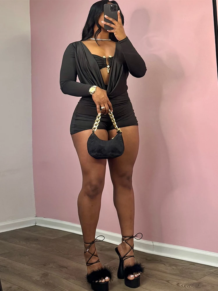 Sisterlinda Playsuits mit schwingendem Ausschnitt für Damen, einfarbig, mit Metalleinsatz, Ausschnitt, volle Ärmel, Stretch, sexy, schmal geschnitten, schick, trendige Clubwear – Detail 22