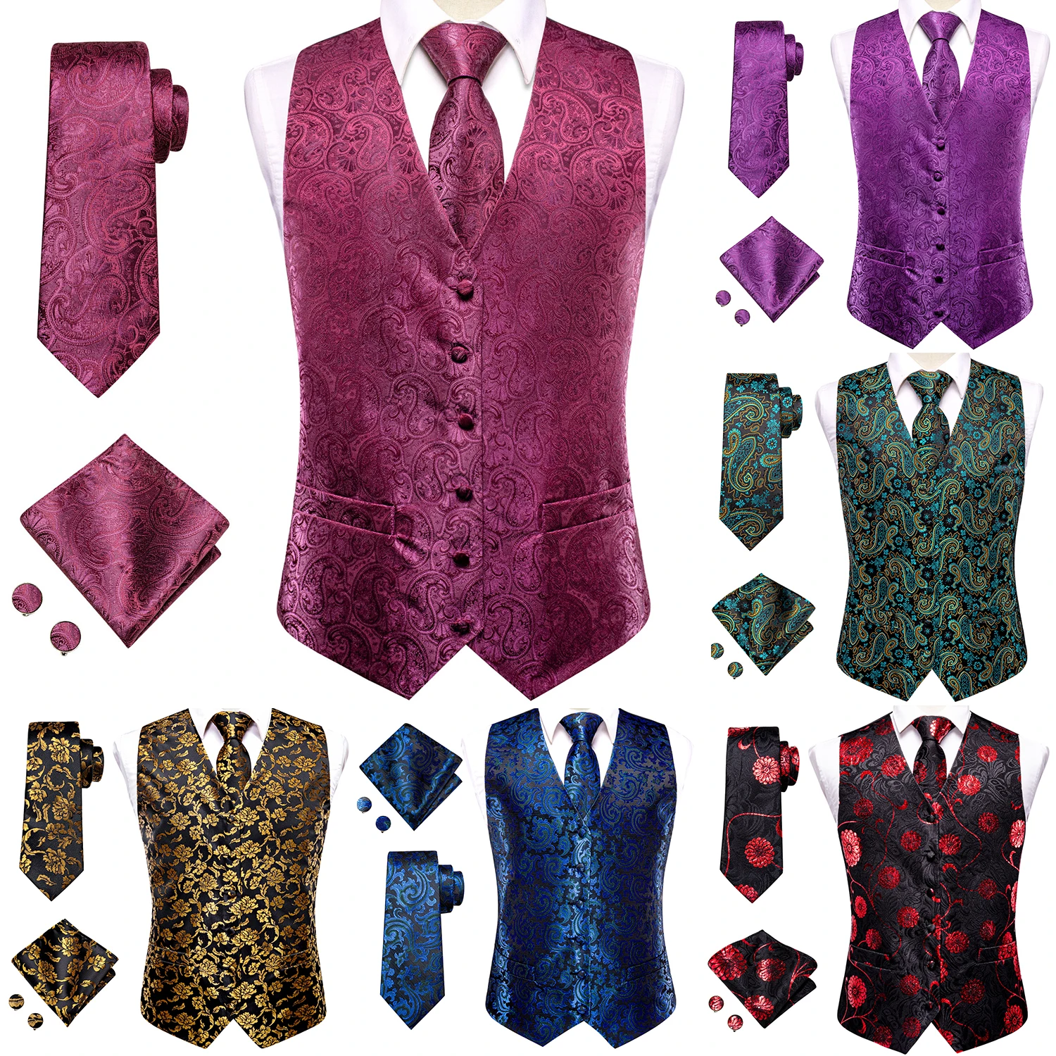 Brand New Silk Men's Waistcoat Tie Set Wedding Business Sleeveless Jacket Suit Vest Necktie Hanky Cuff links Oversized Stylish