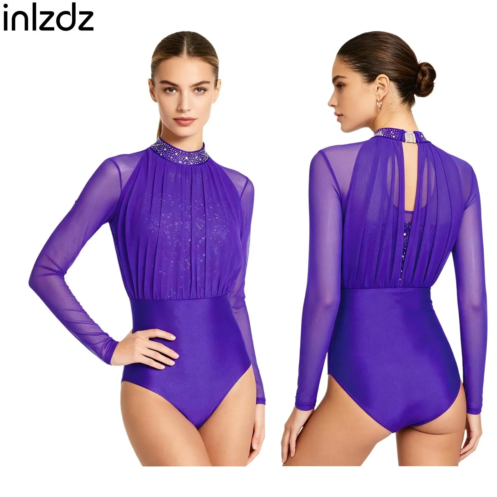 

Womens Rhinestone Dance Ballet Leotard Long Sleeve Mesh Sequined Bodice Button Crotch Bodysuit Gymnastics Figure Skating Costume