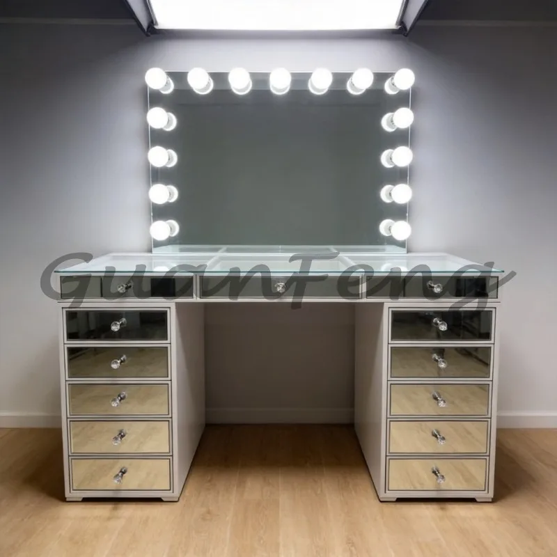 Bedroom Mirrored Cosmetic Dressing Table, Clear Glass Top Vanity Desk With 13 Drawers for Makeup Storage