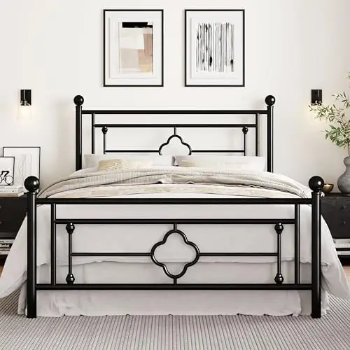 

14 Inches Queen Size Metal Platform Bed Frame/Vintage Iron-Art Headboard and Footboard/Mattress Foundation for Storage/No Box Sp