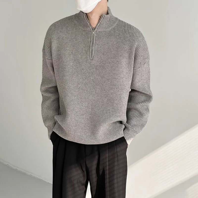 하프 지퍼 하이 칼라 남성 니트웨어 스웨터 가을 솔리드 컬러 니트 풀오버 일본 하라주쿠 스웨터 스트리트웨어 풀오버