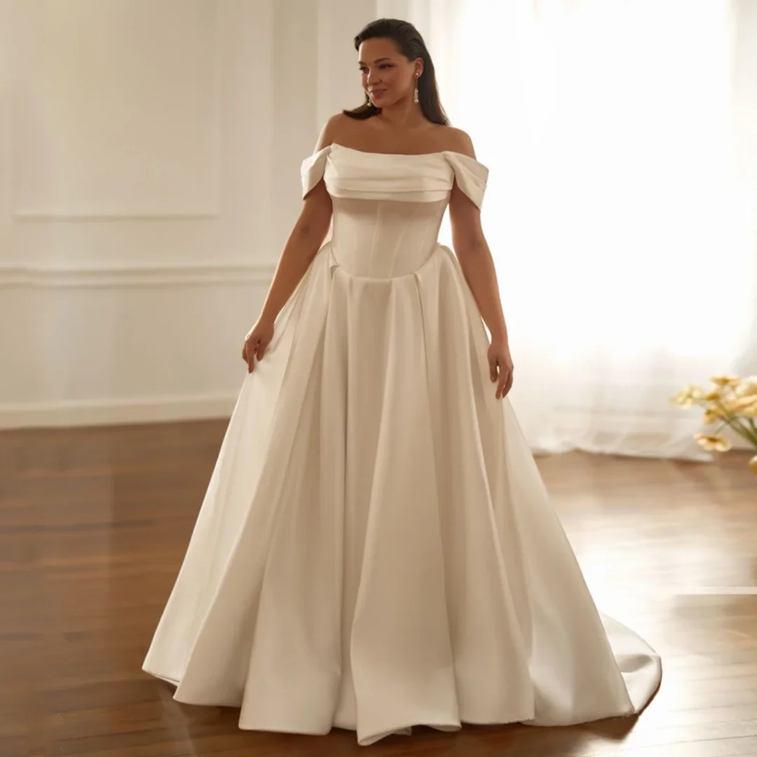 

Customized Simple Wedding Dress Plus Size Off The Shoulder Pleat Sweep Train Backless A Line Satin Bridal Gown Vestido De Noiva