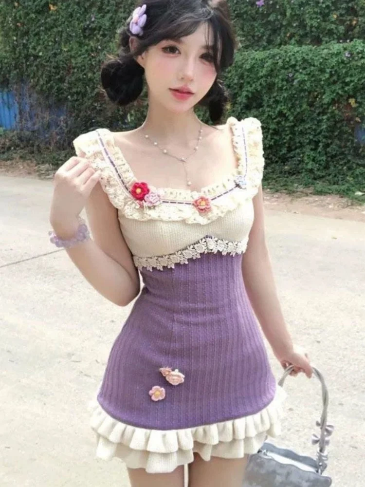 Mini vestidos de Lolita con cuello cuadrado y manga voladora de encaje dulce con volantes para mujeres jóvenes y niñas, vestido de flores de retales púrpura japonés JK