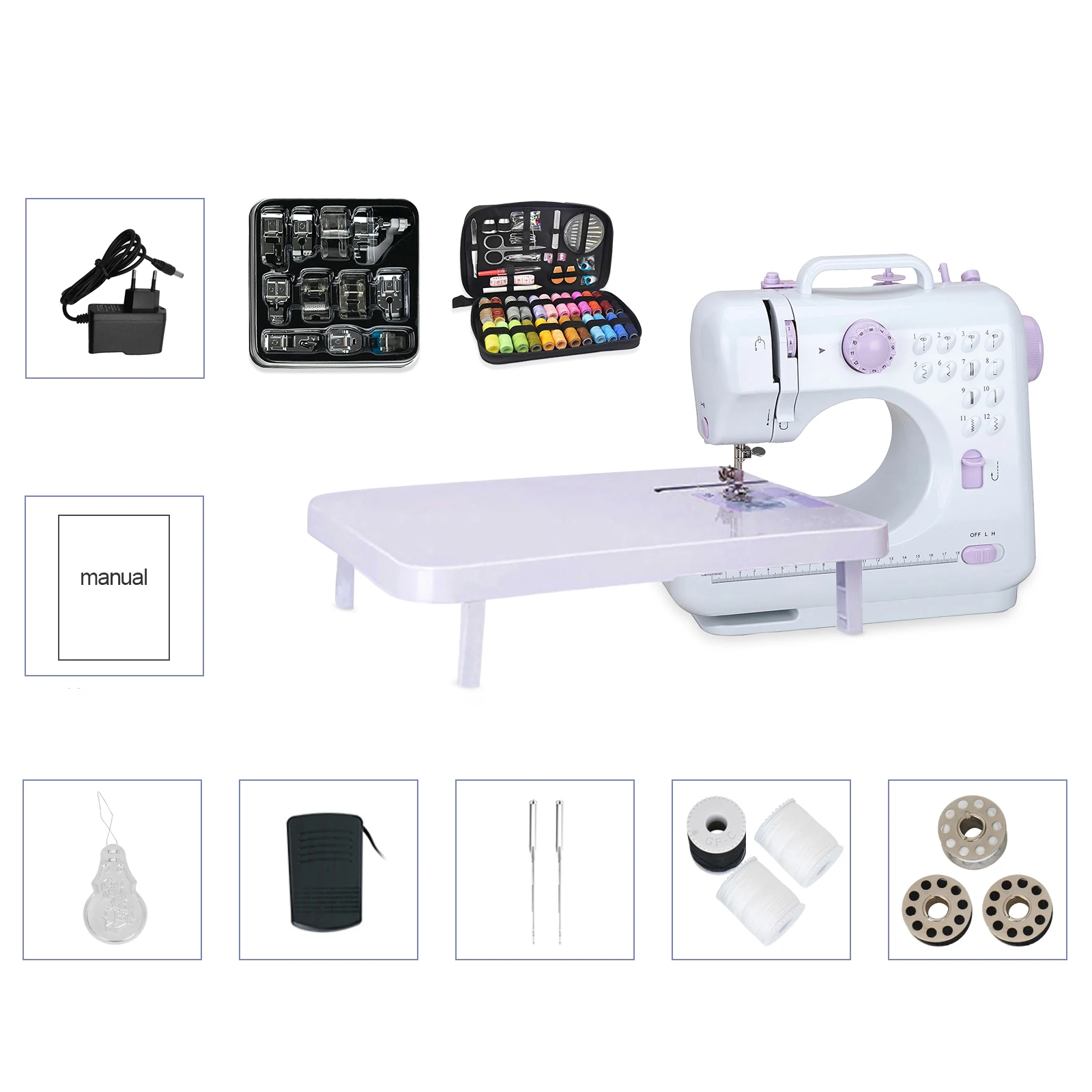 Machine à coudre miniature 505A avec plaque d'extension, 11 pieds presseurs, kit de couture 97 pièces, structure de navette rotative horizontale, couleur violette
