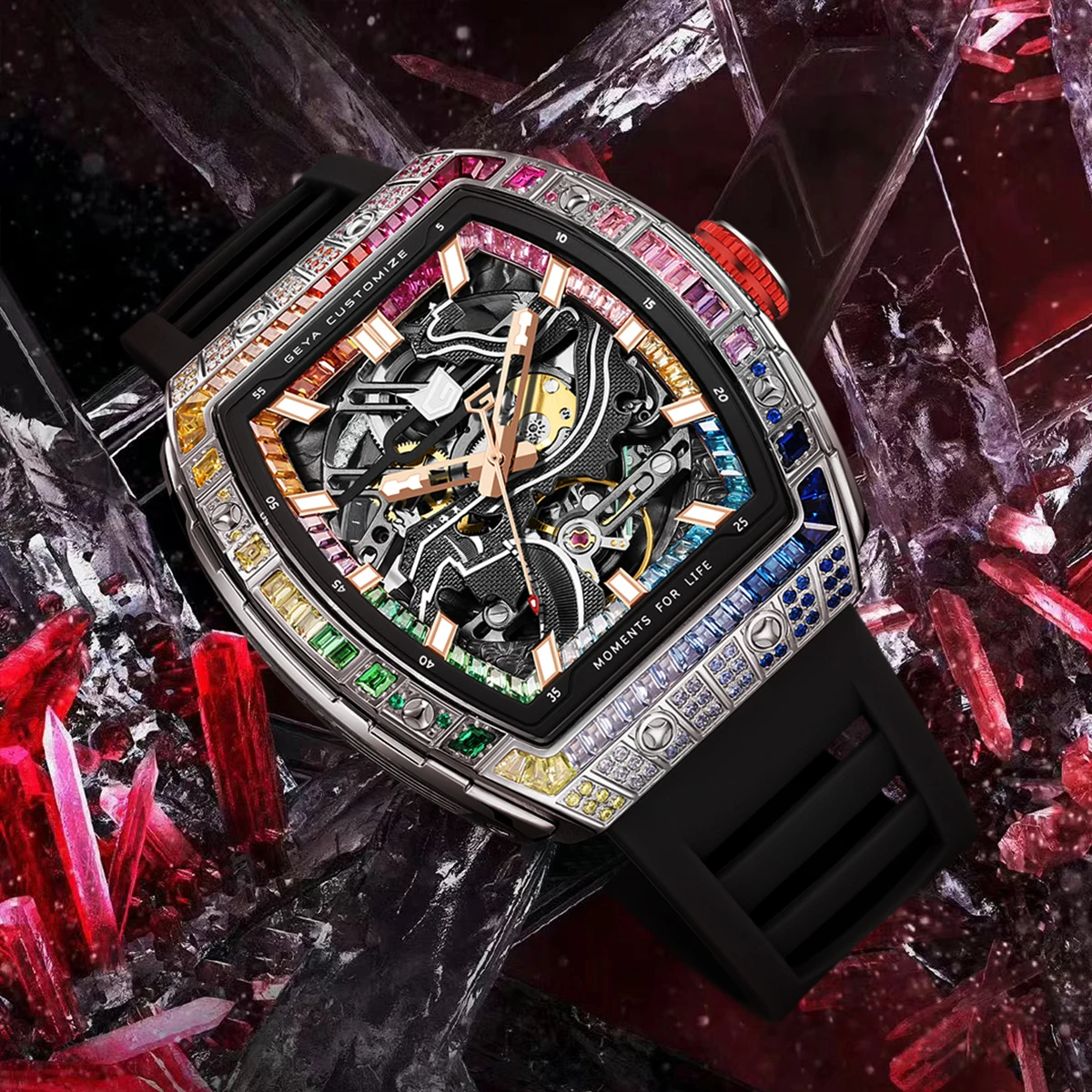 GEYA Automatic Mechanical Men’s Watch, Skeleton Dial with Multi-Color Diamonds Tonneau Stainless Steel Case Analog Watches 78138