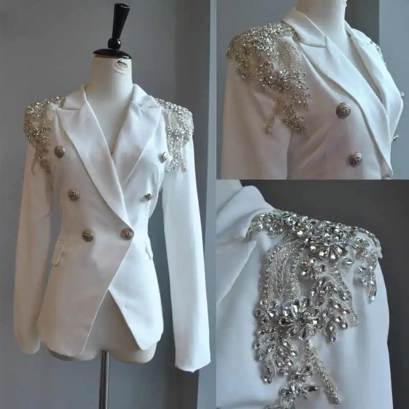 

Fashion Crystals Women's Suits Peaked Lapel Long Sleeve Office Ladies Work Classic Fit Birthday Party 2 Pieces Customized