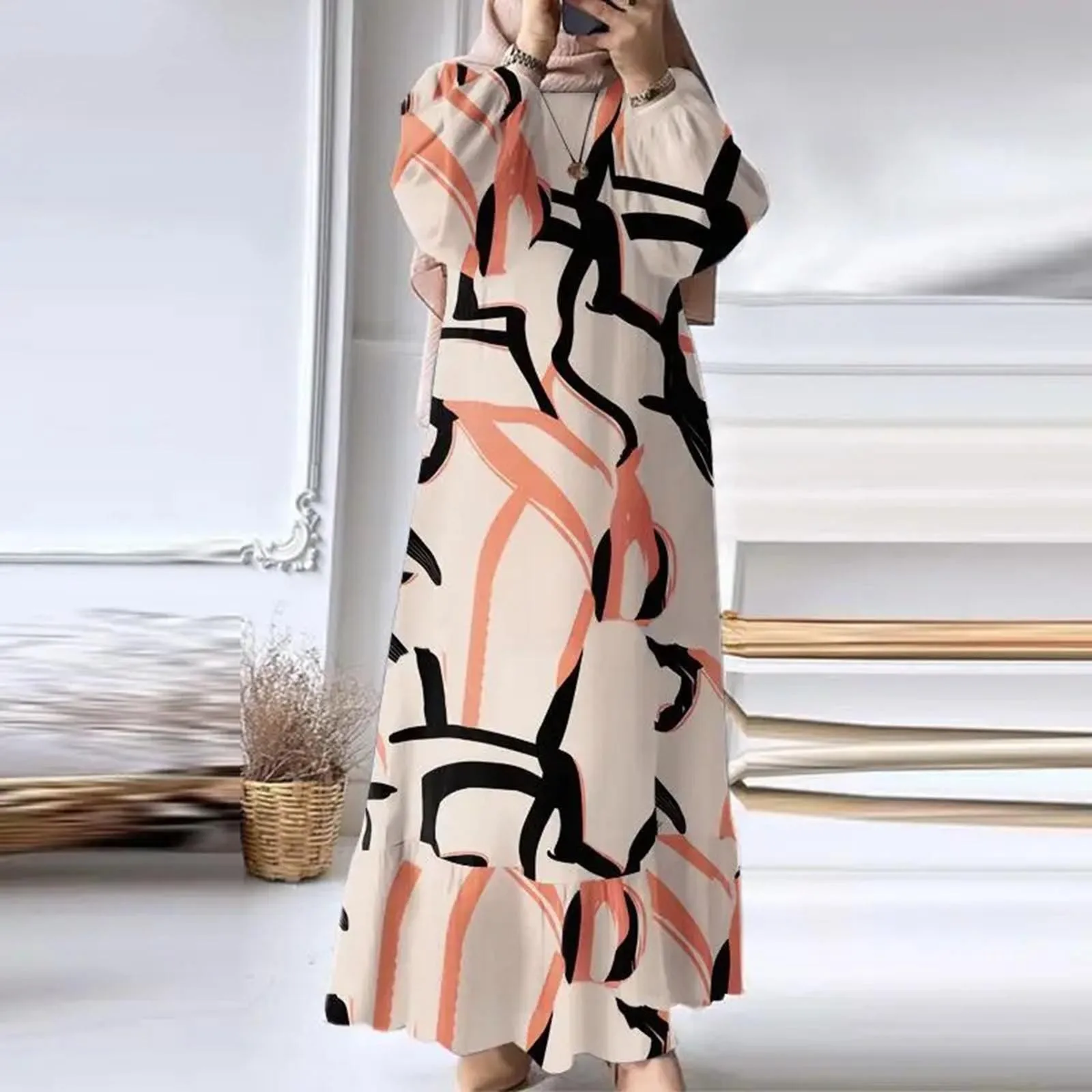 

Muslim Long Dress Autumn Floral Printed Bohemian Womens Abaya Fashion Long Sleeve Casual Clothes Robe Vestidos Islamic Clothing