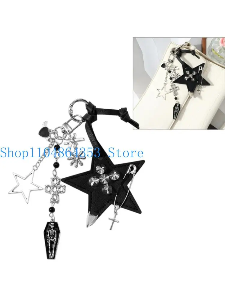 652F Gothic Backpack Charm Keychain with Crosses and Metal Accents Bag Decoration