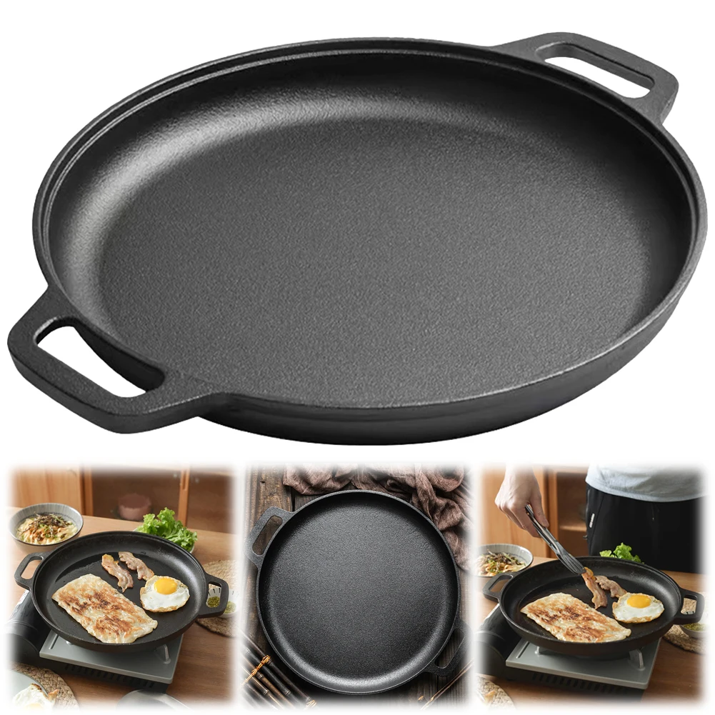 

Cast Iron Skillet Pan with Dual Handles Non-Stick BBQ Camping Fry Pan Steak Pork Chicken Cooking Pot Outdoor BBQ Grill