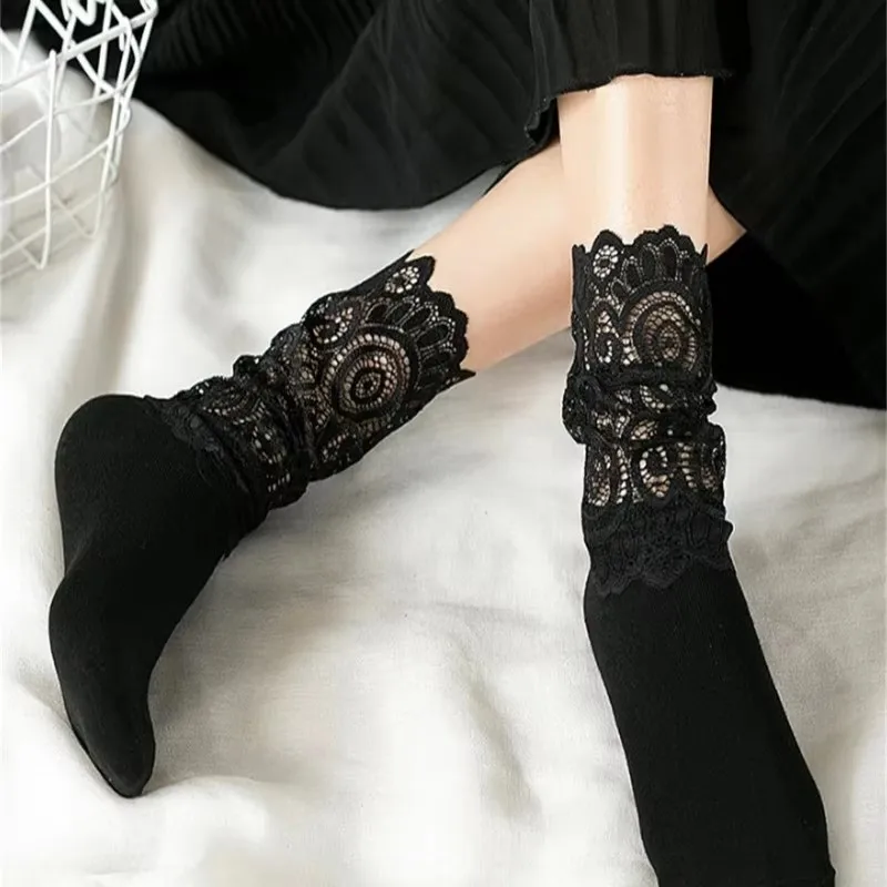 Sexy Lace Floral Mesh Socks Women Black Transparent Short Cotton Sock For Ladies Elastic Retro Cute Socks Female New