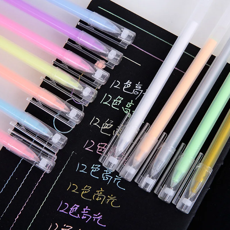 12 Color 0.5mm Large Capacity Needle Highlighter Fine Tip Gel Pen Drawing DIY Black Cardstock Drawing Marking Diary Doodling