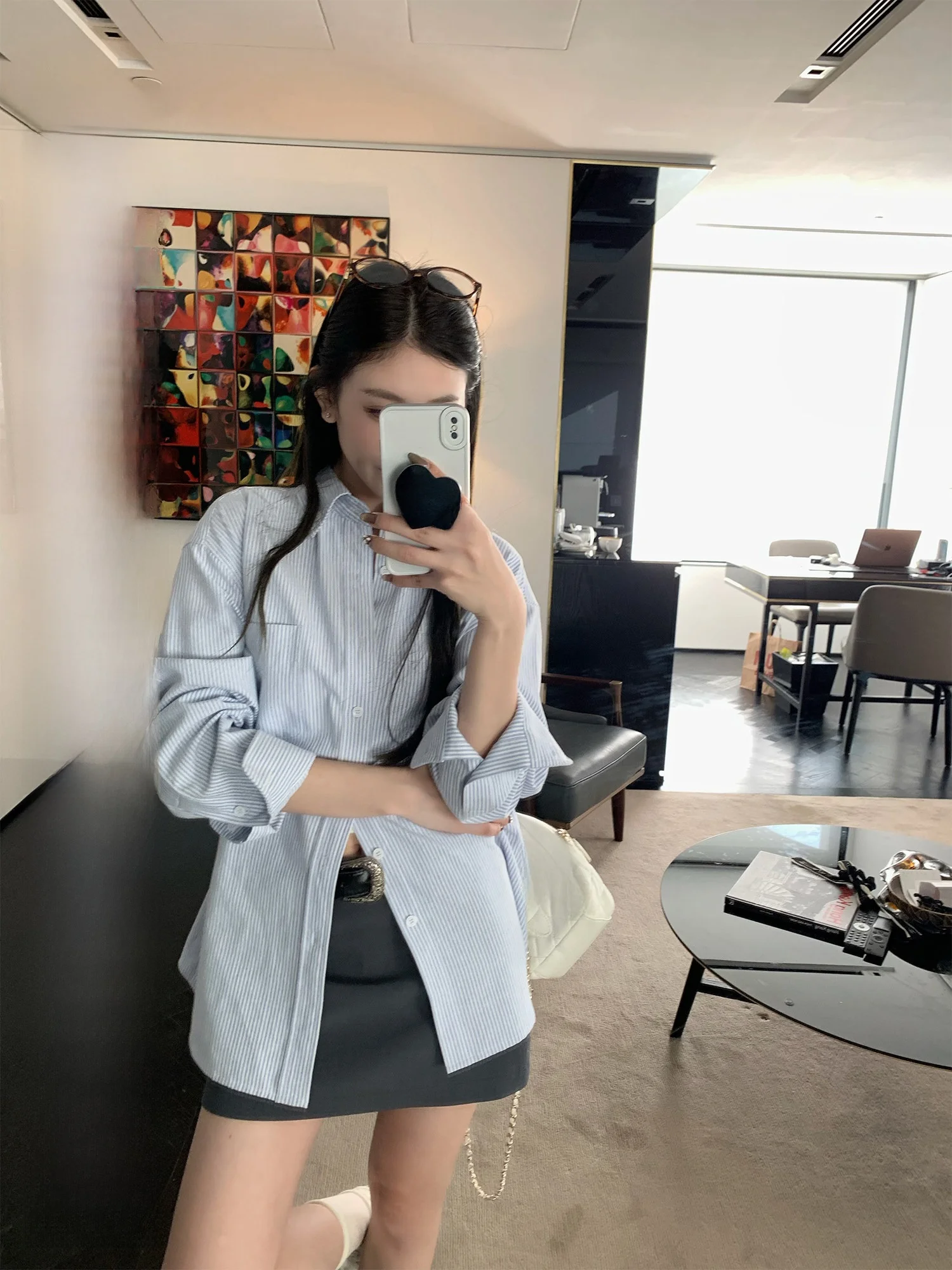 

Hhi Spring Autumn Limited Blue Striped Women's irt 2025 New High-End Versatile Long Sve Top Collar Loose Fit