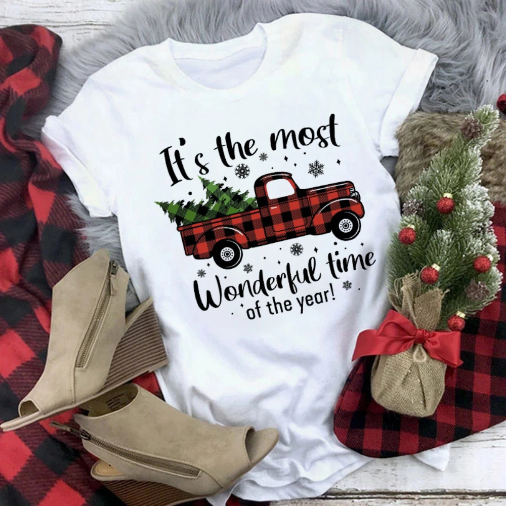 Camiseta feminina casual solta de natal, estampa de árvore de natal, manga curta, diária, streetwear, anos 90, retrô, cervo da sorte, estética