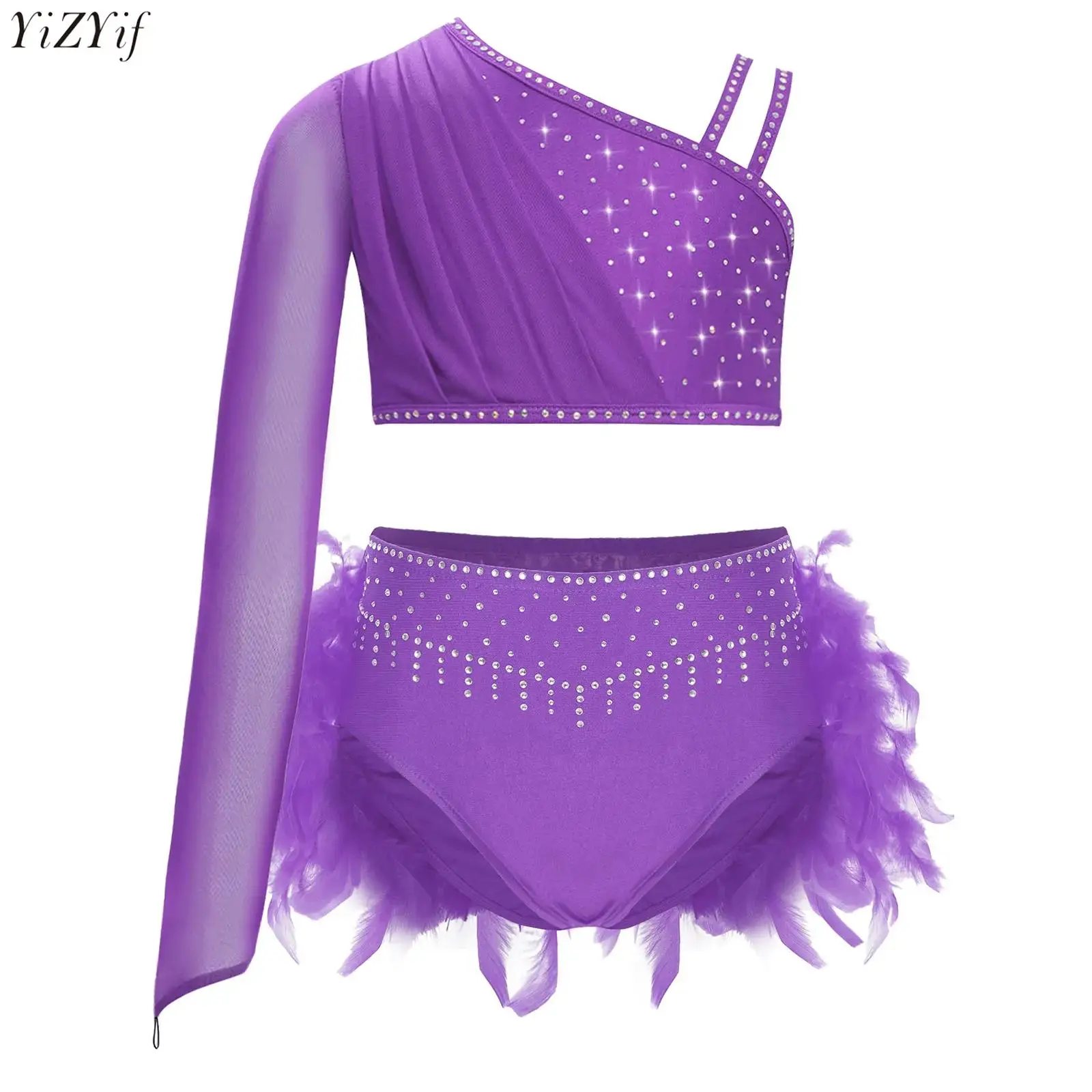 

2Pcs Kids Girls Ballet Lyrical Dance Outfit Sheer Mesh Asymmetrical Long Sleeve Rhinestones Crop Top+Feather Briefs Bottoms