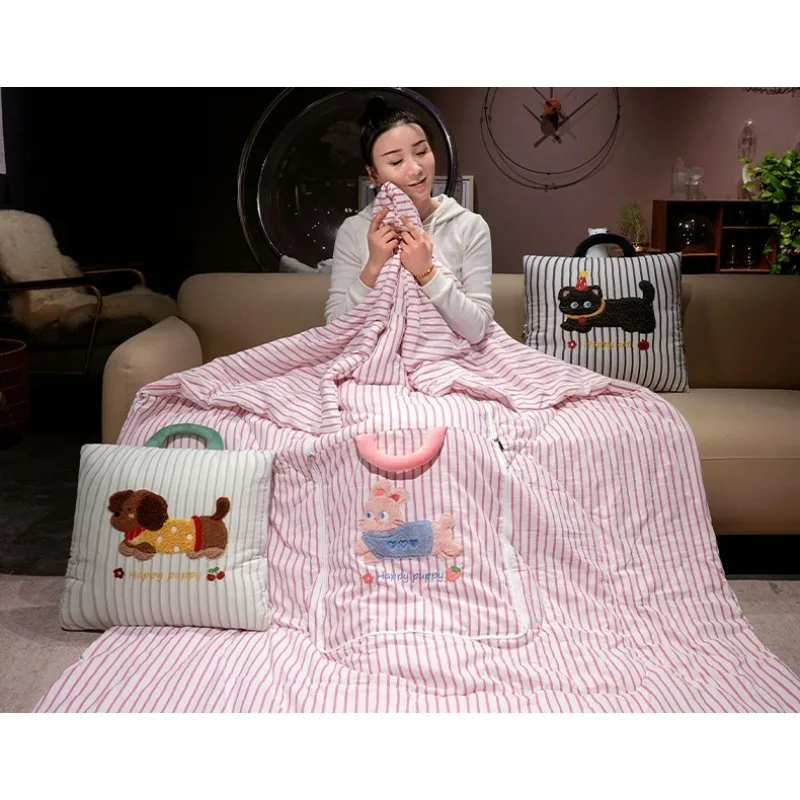 Cartoon Striped Pillow Blanket 2-in-1 Air Conditioner Quilt for Car Soft Breathable Multi-Use Nap Blanket Women Gift