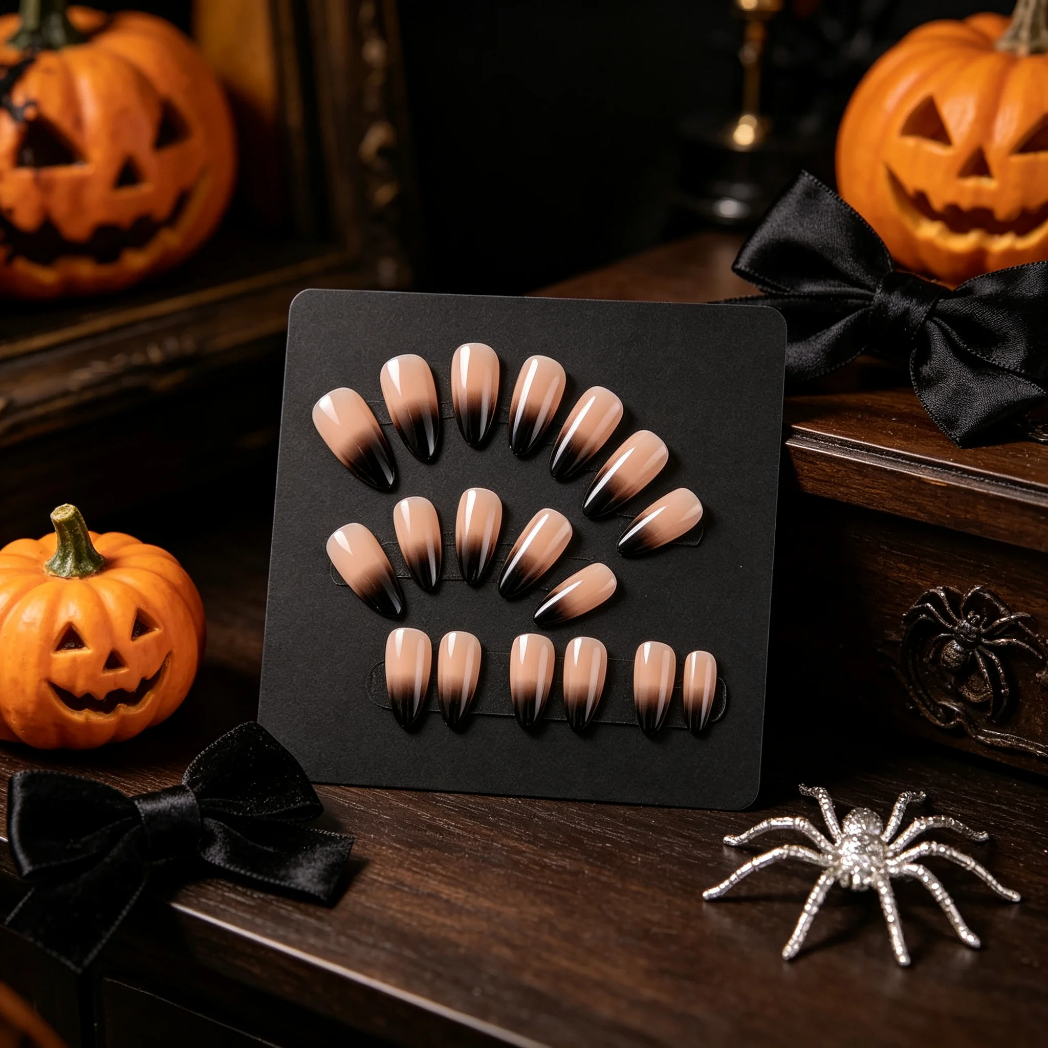 Short Almond Black French Gradient Press‑on Nails, Halloween Reusable Wearable False Nails for Party
