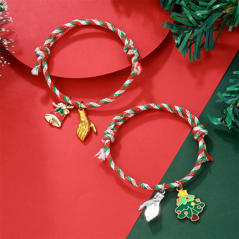 2 pçs/set corda de mão de natal vermelho verde cor misturada pulseira para mulheres árvore de natal pingente pulseiras festa ano novo jóias